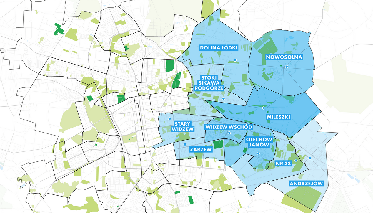 Element graficzny: Mapa - Widzew z wyszczególnionymi osiedlami