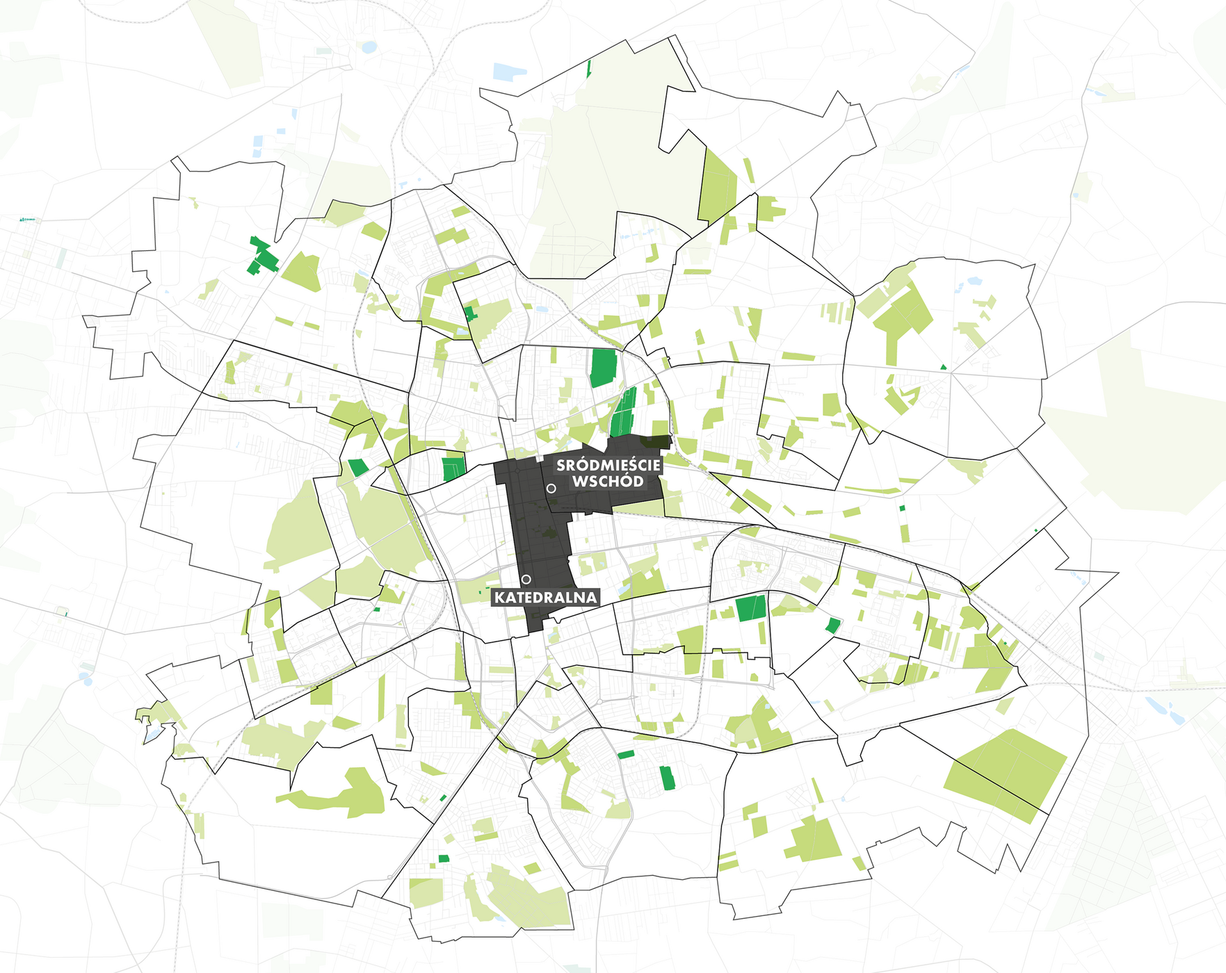  , Element graficzny: Mapa - Śródmieście z wyszczególnionymi osiedlami