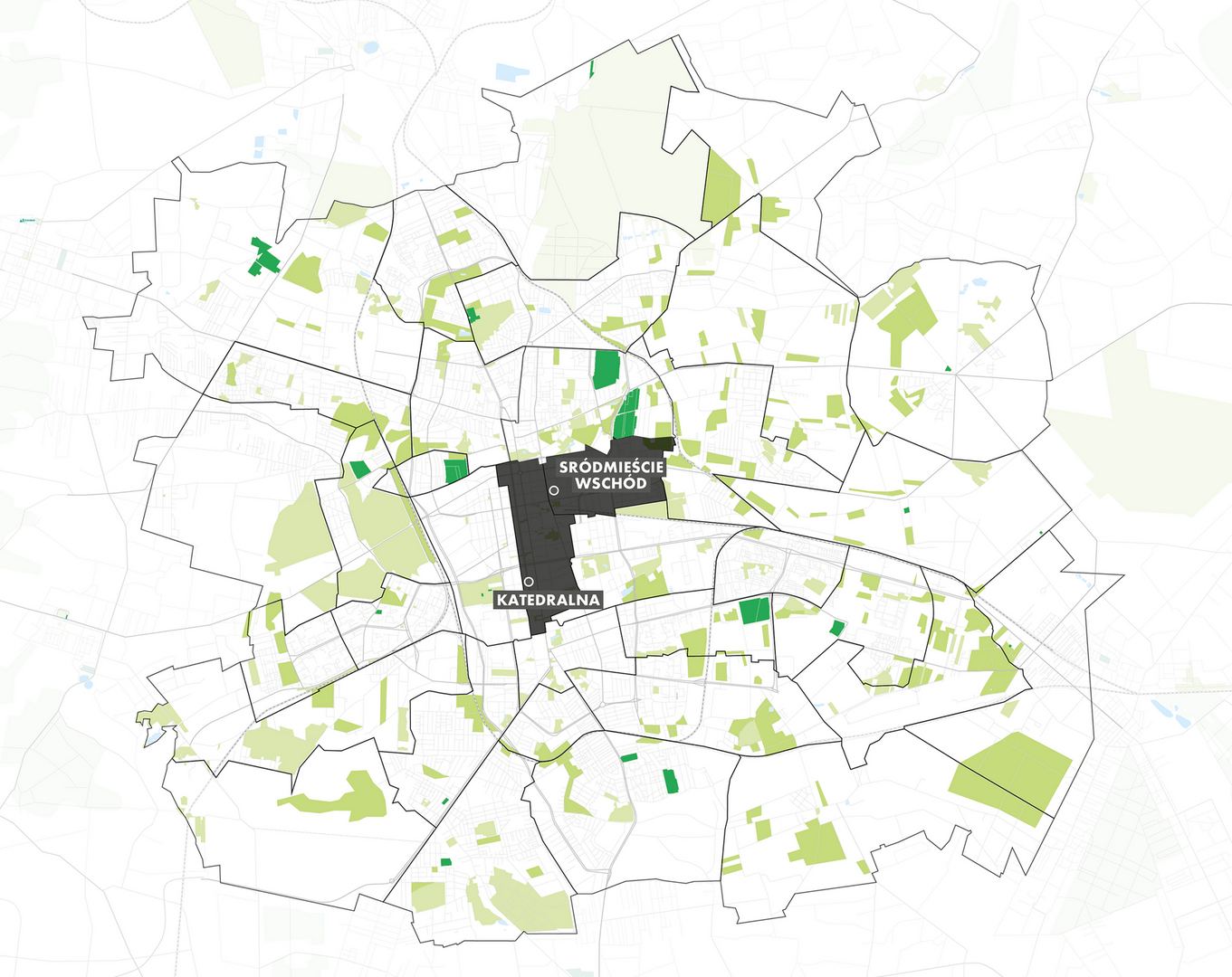 Element graficzny: Mapa - Śródmieście z wyszczególnionymi osiedlami