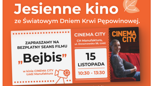 Plakat reklamowy: jesienne kino ze Światowym Dniem Krwi Pępowinowej.