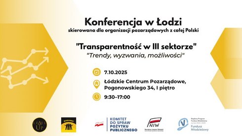 Obrazek przedstawia zaproszenie na wydarzenie dla organizacji pozarządowych, jakim będzie konferencja poświęcona transparentności jako narzędziu budowania zaufania. Zdjęcie w jasnych kolorach. Napis w centrum zdjęcia: Termin: 7 października 2025 r., godz. 9:30 - 17:00. Łódzkie Centrum Pozarządowe ul. Pogonowskiego 34