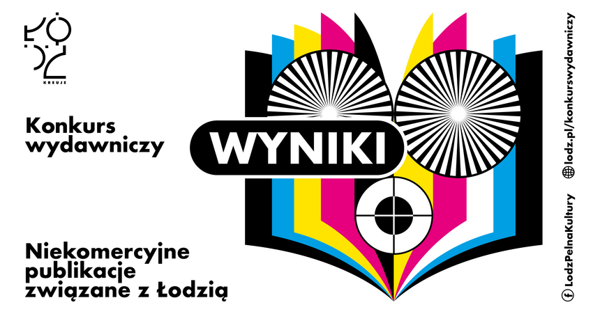 Grafika informująca o wynkoach konkursu wydawniczego. Na białym tle logo Łódź kreuje, napis "Konkurs Wydawniczy, Niekomercyjne publikacje związane z Łodzią" oraz element graficzny: otwarta książka ze stronami w różnych kolorach, ozdobiona trzema kręgami. Na elemencie graficznym duży napis "Wyniki".