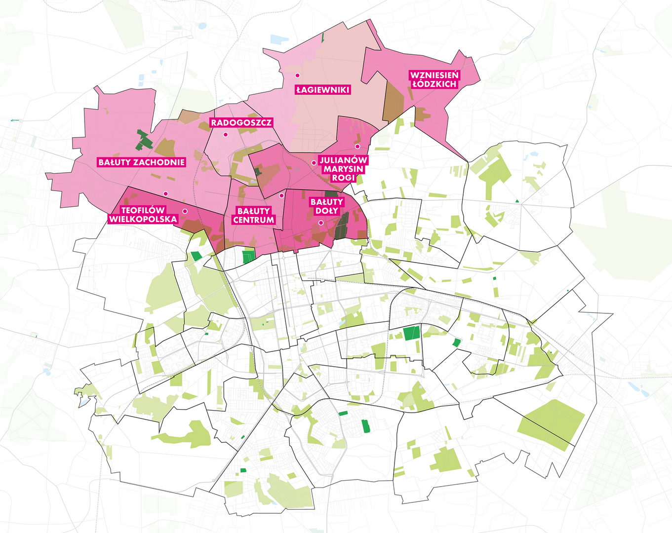 Element graficzny: Mapa - Bałuty z wyszczególnionymi osiedlami