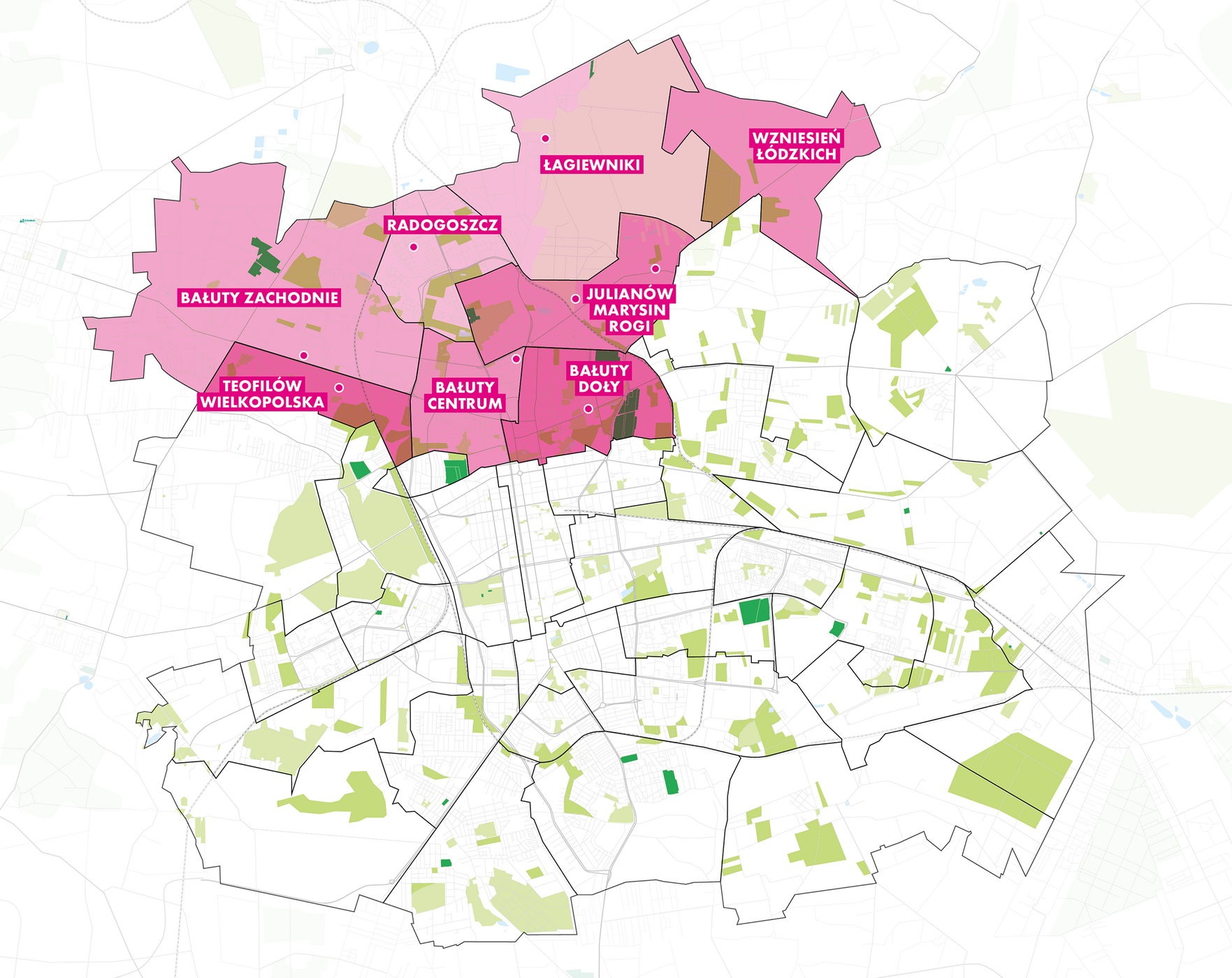  , Element graficzny: Mapa - Bałuty z wyszczególnionymi osiedlami