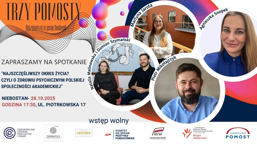 Po prawej stronie na plakacie widzimy cztery kółka a w nich są zdjęcia osób. Na plakacie zawarte są informacje zapraszające na otwarte spotkanie poświęcone zdrowiu psychicznemu w środowisku akademickim. Gdzie?  Niebostan, ul. Piotrkowska 17, Łódź. Kiedy? 28 października (poniedziałek)  godz. 17:30. "Wstęp wolny"