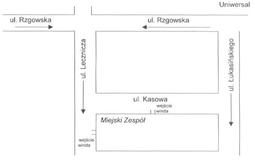 Grafika przedstawiająca mapkę sytuacyjną usytuowania wejść do Miejskiego Zespół ds. Orzekania o Niepełnosprawności w Łodzi 