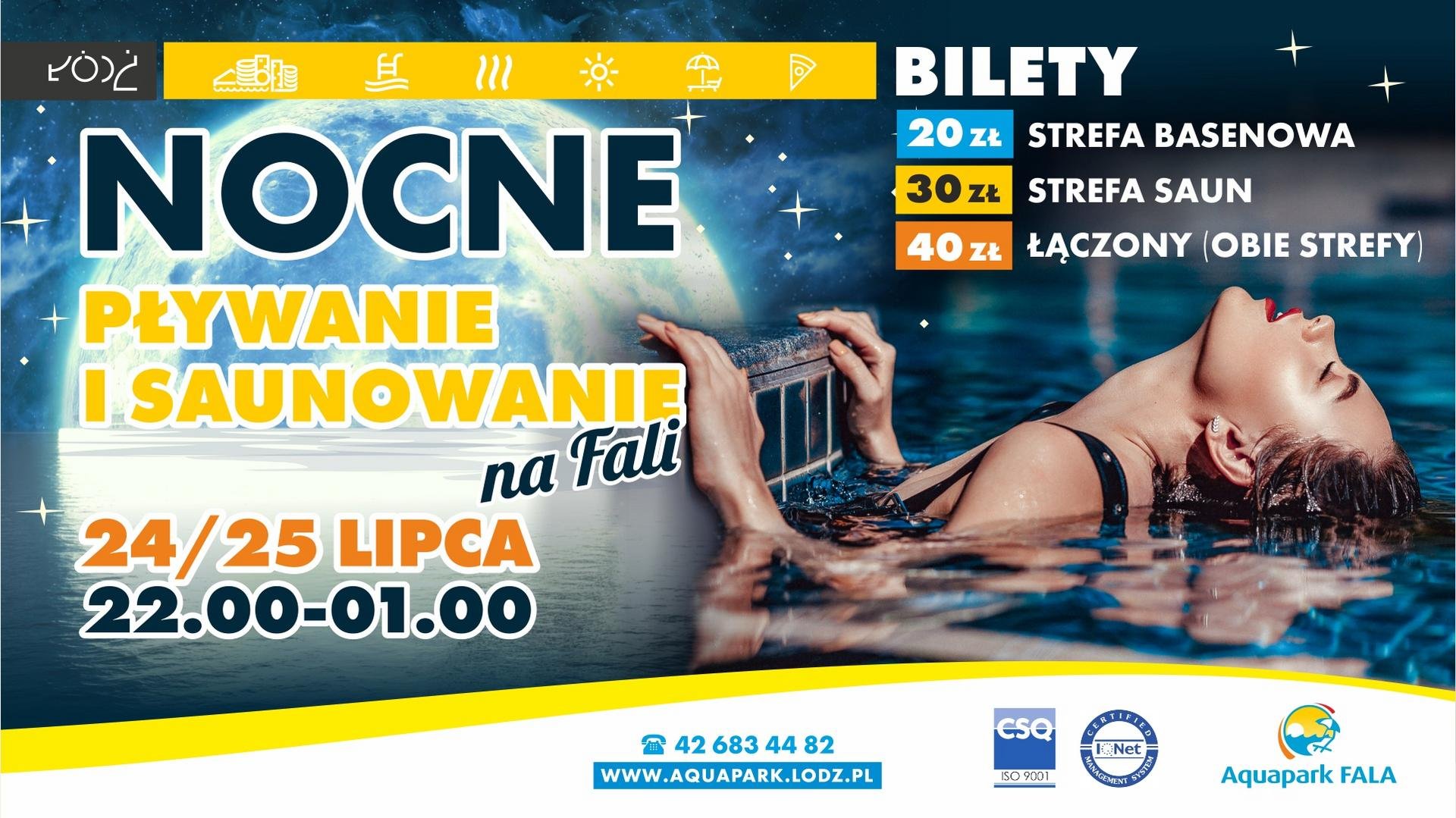 Nocne pływanie i saunowanie na Fali. 24/25 lipca 22:00-01:00 Bilety: 20 zł Strefa Basenowa 30 zł Strefa Saun 40 zł bilet łączony., Nocne pływanie i saunowanie na Fali. 24/25 lipca 22:00-01:00 Bilety: 20 zł Strefa Basenowa 30 zł Strefa Saun 40 zł bilet łączony.