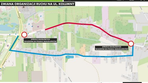 Ulica Kolumny między posesją 36 A za Carrefourem do posesji 121 w okolicy ul. Bieszczadzkiej będzie zamknięta dla ruchu, z wyłączeniem docelowych wjazdów dla mieszkańców. Objazd dla dojazdów innych, niż docelowe, poprowadzony jest w ulicy Jó