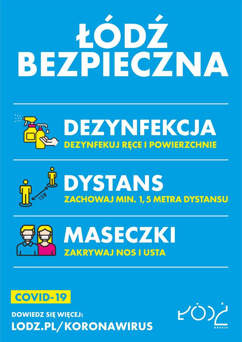 Łódź bezpieczna" dezynfekcja, dystans, maseczka