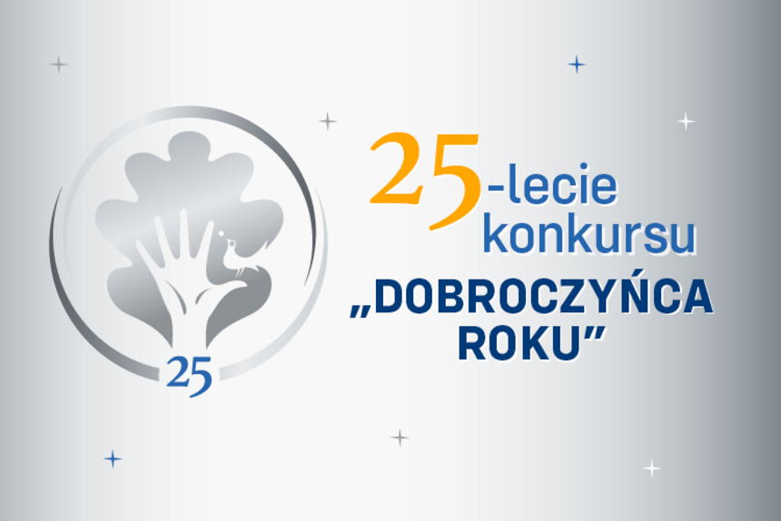 grafika ilustracyjna: z lewej strony logotyp konkursu - drzewo, którego pień i konary stanowi rozpostarta dłoń, po lewej napis dwudziestopięciolecie konkursu Dobroczyńca Roku